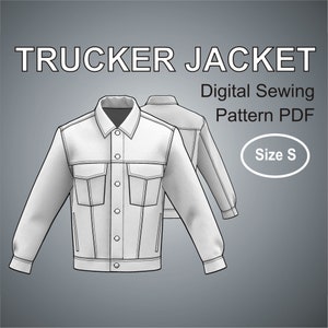Puede incluir: Un patrón de costura digital para una chaqueta de camionero en talla S. El patrón se muestra como un dibujo de línea de una chaqueta vaquera blanca con cierre de botones, dos bolsillos en el pecho y dos bolsillos laterales.