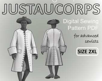 Size 2XL - 18th century Justaucorps for men Rokoko Historic Frock Coat with Half-Lining - Pirate Coat - Digital Sewing Pattern PDF