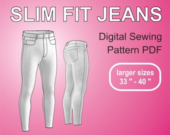 Men's Slim Fit Jeans / Skinny Denim Pants / Digital Sewing Pattern PDF / Larger Sizes Bundle 33-40 Inches