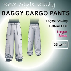 May include: A digital sewing pattern for baggy cargo trousers in sizes 38 to 44. The pattern is for a pair of trousers with large pockets on the sides.