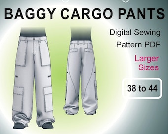 Puede incluir: Un patrón de costura digital para pantalones cargo holgados en tallas 38 a 44. El patrón es para un pantalón con bolsillos grandes a los lados.