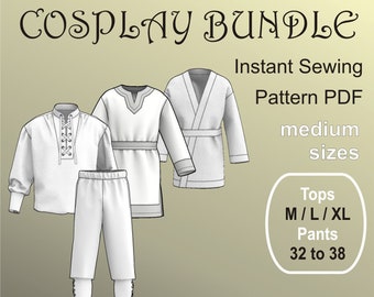 May include: A white cosplay bundle pattern PDF with four styles. The image shows a long-sleeved shirt with a laced front, a tunic, a robe, and pants. Body measurements are 39-44 inches / 99-112 cm. Tops sizes M/L/XL, pants sizes 32 to 38.