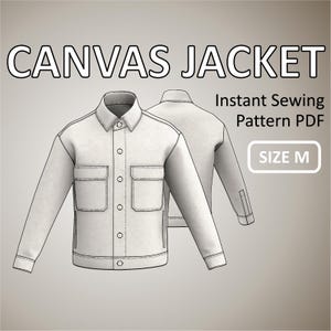Size M - Canvas Jacket for men Simple Jacket with Front Button Placket Collar and Stand - Digital Sewing Pattern PDF
