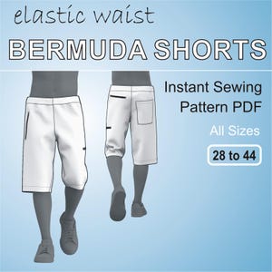Może przedstawiać: Cyfrowa ilustracja białych bermudów z elastyczną talią. Spodenki mają kieszeń z zamkiem błyskawicznym z boku i kieszeń z tyłu. Ilustracja przedstawia spodenki z przodu i z tyłu. Tekst "elastic waist BERMUDA SHORTS Instant Sewing Pattern PDF All Sizes 28 to 44" jest zawarty w obrazie.