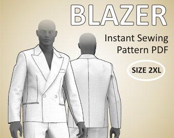 Size 2XL (US46) Mens Blazer Blazer Tailored double breasted Suit Jacket for Men with peak lapel and full lining - Instant Sewing Pattern PDF