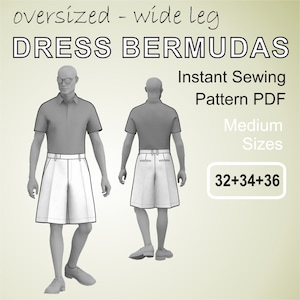 Op de afbeelding: Een digitaal naaipatroon voor oversized wijde-pijp Bermuda shorts. Het patroon omvat de maten 32, 34 en 36. Het patroon is beschikbaar als een direct downloadbare PDF.
