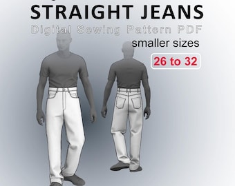 Men's High Waist Jeans Straight Leg Denim Pants - Digital Sewing Pattern PDF - Smaller Sizes 26, 28, 30, 32