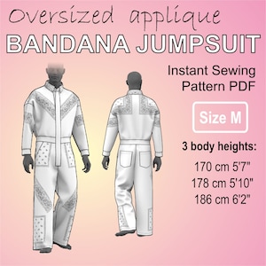 以下が含まれることがあります： バンダナ柄の白いジャンプスーツ。ジャンプスーツは、オーバーサイズのアップリケデザインが施されています。パターンはサイズMで入手可能で、3つの異なる身長に対応する指示が含まれています: 170 cm (5'7")、178 cm (5'10")、186 cm (6'2").