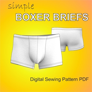 May include: Digital sewing pattern PDF for simple boxer briefs. The pattern includes two views of the briefs, one with a longer leg and one with a shorter leg.