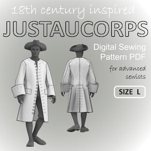 May include: Digital sewing pattern PDF for an 18th-century inspired Justaucorps coat, size L. The image shows a front and back view of the coat design. The coat is white with black trim and buttons. The text reads "for advanced sewists."