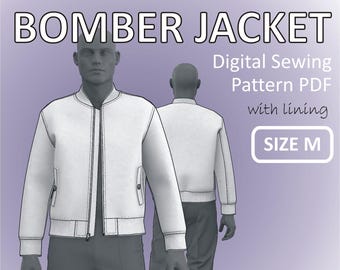 Size M - Bomber Jacket for men with Front Zipper, Ribbing and Full Lining - Digital Sewing Pattern PDF