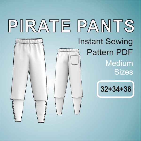 Pirate Pants for men Viking Trousers for men Cosplay - Digital Sewing Pattern PDF - Medium Sizes 32 + 34 + 36