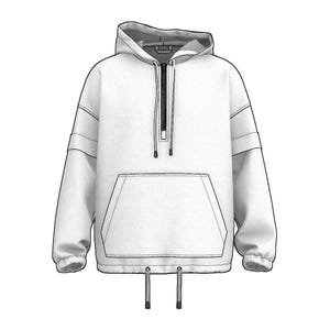 May include: White hooded sweatshirt with a half-zip closure, a large front pocket, and drawstrings at the hem. The sleeves have a stripe detail. The design is a simple, clean style.