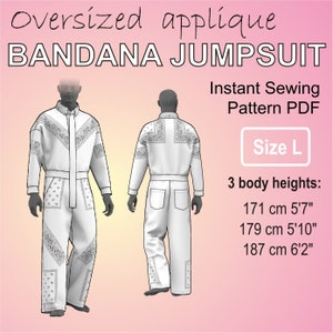 Pode incluir: Um macacão branco com estampa de bandana. O macacão tem zíper e mangas compridas. A imagem inclui o texto "Oversized applique BANDANA JUMPSUIT Instant Sewing Pattern PDF Size L 3 body heights: 171 cm 5'7" 179 cm 5'10" 187 cm 6'2"