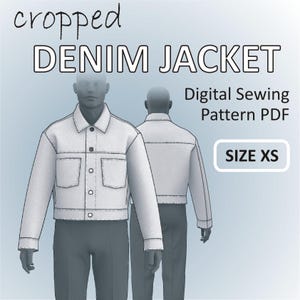 Peut inclure: Patron de couture numérique pour une veste en jean courte taille XS. Le patron est présenté sur un mannequin 3D portant la veste.