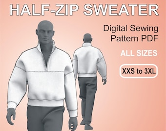 Oversized Half Zipper Sweater for men - Easy Sewing Pattern PDF - All Sizes XXS to 3XL
