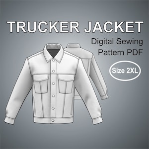 Op de afbeelding: Een digitaal naaipatroon voor een truckerjack in maat 2XL. Het patroon wordt getoond als een lijntekening van een wit denim jack met een knoopsluiting, twee borstzakken en twee voorzakken.