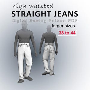 Puede incluir: Patrón de costura digital para vaqueros rectos de cintura alta, disponible en tallas grandes 38 a 44. La imagen muestra una vista frontal y trasera de los vaqueros. El texto de la imagen dice "high waisted STRAIGHT JEANS Digital Sewing Pattern PDF larger sizes 38 to 44."