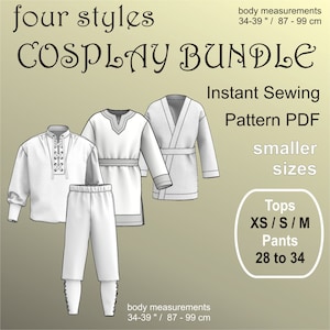 Puede incluir: Cuatro estilos diferentes de patrones de ropa de cosplay para tops y pantalones. Los patrones son para las tallas XS, S y M tops y 28 a 34 pantalones. La imagen incluye el texto "four styles COSPLAY BUNDLE Instant Sewing Pattern PDF smaller sizes Tops XS/S/M Pants 28 to 34 body measurements 34-39"/87-99 cm"