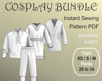 May include: Four different styles of cosplay clothing patterns for tops and pants. The patterns are for sizes XS, S, and M tops and 28 to 34 pants. The image includes the text "four styles COSPLAY BUNDLE Instant Sewing Pattern PDF smaller sizes Tops XS/S/M Pants 28 to 34 body measurements 34-39"/87-99 cm"