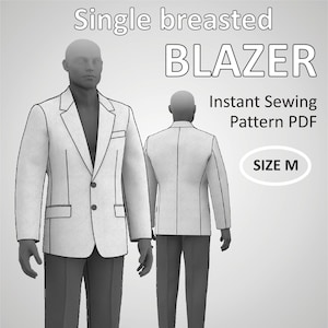 Può includere: Un'illustrazione in bianco e nero di un modello di cucito per blazer a un solo bottone. Il modello è per un blazer di taglia M. Il testo "Instant Sewing Pattern PDF" e "SIZE M" è visibile nell'immagine.