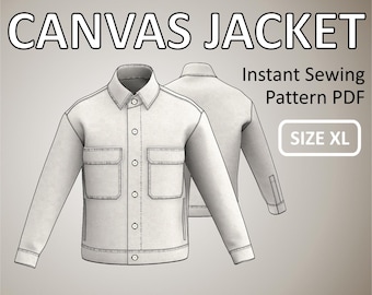Size XL - Canvas Jacket for men Simple Jacket with Front Button Placket Collar and Stand - Digital Sewing Pattern PDF