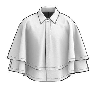 May include: A white, layered cape with a button-down collar. The garment features a two-tiered design, with a button closure at the neckline. The cape is a solid white color, with black outlines defining the edges and seams.