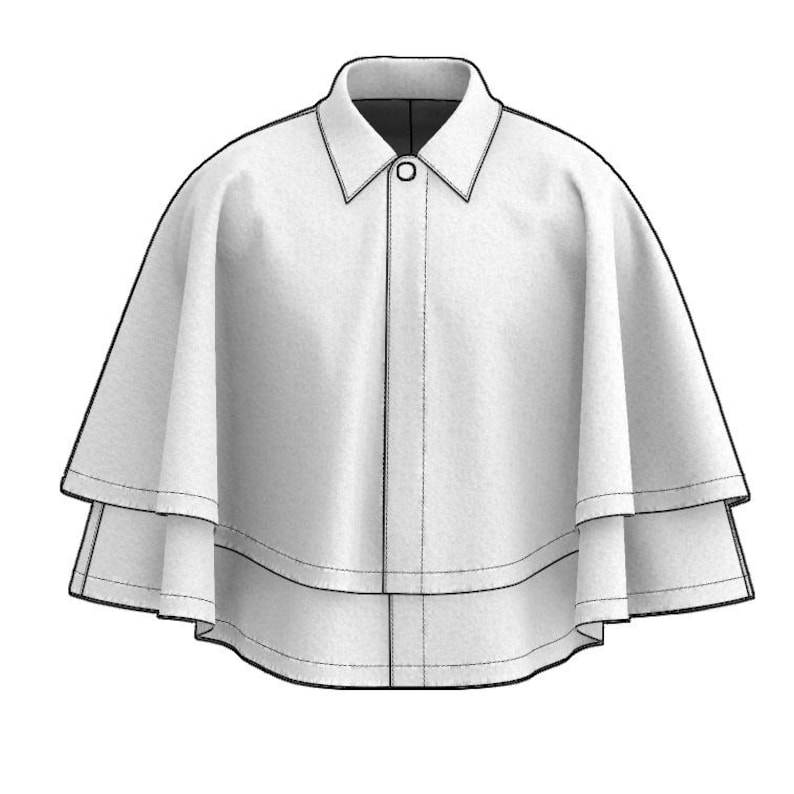 May include: A white, layered cape with a button-down collar. The garment features a two-tiered design, with a button closure at the neckline. The cape is a solid white color, with black outlines defining the edges and seams.