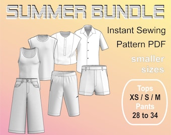 Summer Bundle for men Digital Sewing Pattern PDF Summer Set man- Smaller Sizes Tops  XS + S + M / Pants 28 + 30 + 32 + 34