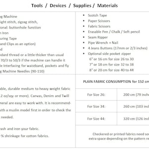 May include: A chart listing tools, devices, supplies, and materials needed for sewing, along with fabric consumption for different sizes. The chart includes items like a sewing machine, steam iron, measuring tape, thread, Scotch tape, fabric scissors, and more. It also includes fabric consumption for sizes 26, 34, and 44, measured in centimeters and inches.
