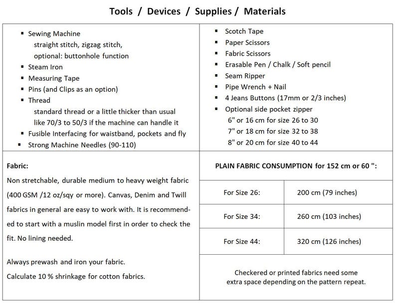 May include: A chart listing tools, devices, supplies, and materials needed for sewing, along with fabric consumption for different sizes. The chart includes items like a sewing machine, steam iron, measuring tape, thread, Scotch tape, fabric scissors, and more. It also includes fabric consumption for sizes 26, 34, and 44, measured in centimeters and inches.