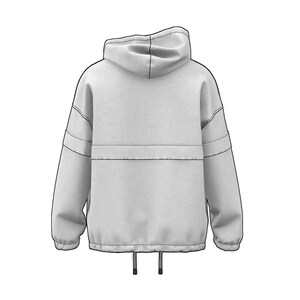 May include: A light gray hooded anorak jacket with a drawstring hem. The jacket features a hood, long sleeves, and a horizontal seam across the chest. The design is a simple, minimalist style.