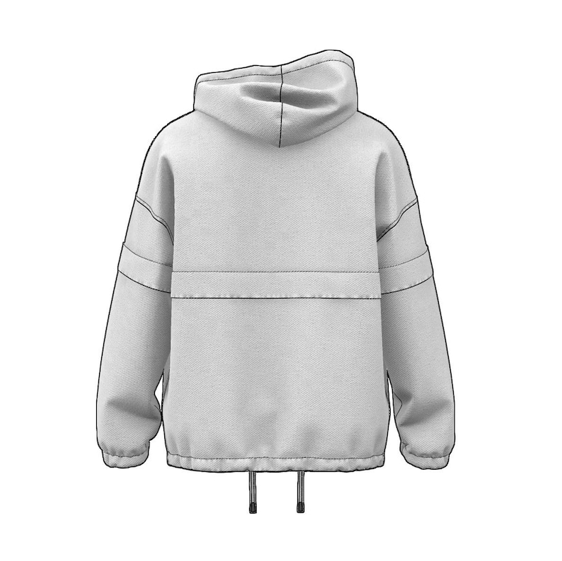 May include: A light gray hooded anorak jacket with a drawstring hem. The jacket features a hood, long sleeves, and a horizontal seam across the chest. The design is a simple, minimalist style.