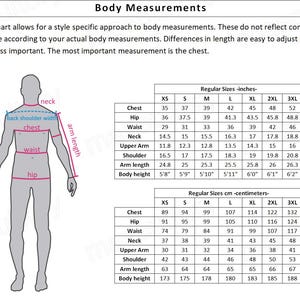 May include: A diagram illustrating body measurements for clothing sizes. The chart includes measurements in inches for chest, hip, waist, neck, upper arm, shoulder, arm length, and body height. Text at the top reads "Body Measurements".