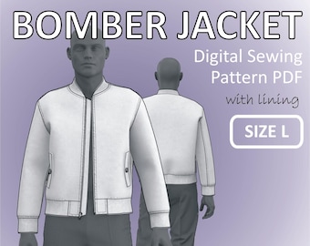 Size L - Bomber Jacket for men with Front Zipper, Ribbing and Full Lining - Digital Sewing Pattern PDF