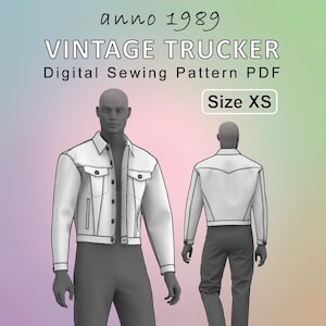Puede incluir: Un patrón de costura digital en PDF para una chaqueta tipo trucker vintage en talla XS. La imagen muestra una chaqueta blanca con cierre de botones, bolsillos en el pecho y vista trasera en un maniquí. El texto dice anno 1989 VINTAGE TRUCKER Digital Sewing Pattern PDF.