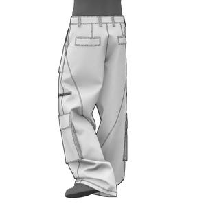 May include: White cargo pants with multiple pockets and a relaxed fit.