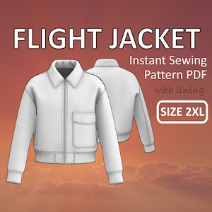 Op de afbeelding: Een wit naaipatroon voor een bomberjack met een ritssluiting, een zak en een geribbelde zoom. Het patroon is voor maat 2XL en bevat een voering. De tekst "Instant Sewing Pattern PDF with lining SIZE 2XL" wordt weergegeven op een roze en oranje achtergrond.