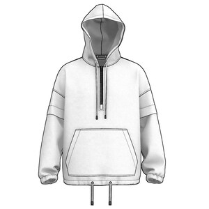 May include: A white hoodie with a drawstring, a front pocket, and a zipper that extends from the neckline to the chest. The sleeves have a horizontal stripe detail. The hood is lined with a darker material.