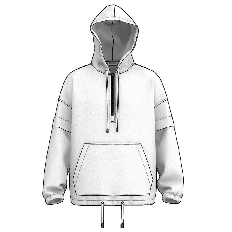 May include: A white hoodie with a drawstring, a front pocket, and a zipper that extends from the neckline to the chest. The sleeves have a horizontal stripe detail. The hood is lined with a darker material.