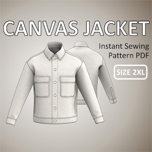 Size 2XL - Canvas Jacket for men Simple Jacket with Front Button Placket Collar and Stand - Digital Sewing Pattern PDF
