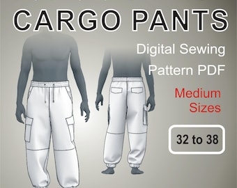 Puede incluir: Patrón de costura digital para pantalones cargo de cintura elástica de gran tamaño. La imagen muestra una vista frontal y trasera de pantalones cargo blancos con bolsillos y puños elásticos. El texto en la imagen dice "CARGO PANTS", "Digital Sewing Pattern PDF", "Medium Sizes" y "32 to 38".
