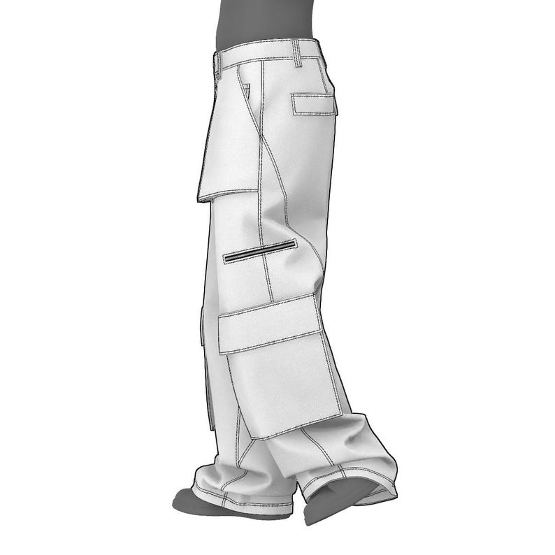 May include: White cargo pants with multiple pockets and contrasting stitching. The pants have a relaxed fit and a wide leg.