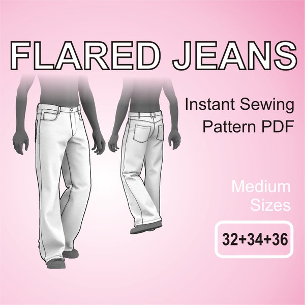 Flared Jeans - Bootcut Pants - Retro 5 Pocket Style - Bell Bottom Trousers for men - Digital Sewing Pattern PDF - Medium Sizes 32 + 34 + 36