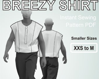 Smaller Size XXS to M - Breezy Shirt for men Sleeveless Shirt without collar easy sewing project for the summer - Digital Sewing Pattern PDF