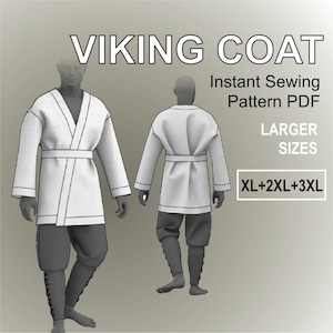 Puede incluir: Una ilustración digital de un patrón de costura de abrigo vikingo blanco para tallas grandes, XL, 2XL y 3XL. El patrón está disponible como descarga instantánea en PDF.