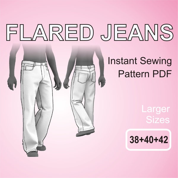 Ausgestellte Jeans - Bootcut Hose - Retro 5 Pocket Style - Schlaghose für Männer - Digitales Schnittmuster PDF - Größere Größen 38 + 40 +42