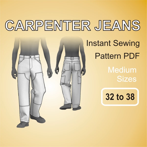 Carpenter Jeans Double Knee Workwear Jeans Utility Pants Wide Leg Loose Fit Digital Sewing Pattern PDF Medium Sizes Pack 32 / 34 / 36 / 38