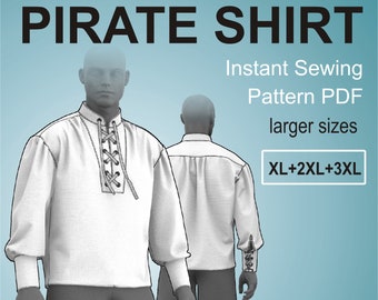 Tailored Pirate Shirt for men with lace up front inset and ruffles  - Larger Sizes XL + 2XL + 3XL  Digital Sewing Pattern PDF