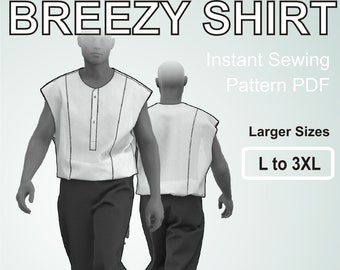 Breezy Shirt for men Sleeveless Shirt without collar easy sewing project for the summer -  Digital Sewing Pattern PDF - Larger Sizes L - 3XL